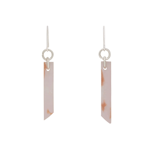 A pair of pale pink hook earrings in an elongated shape.